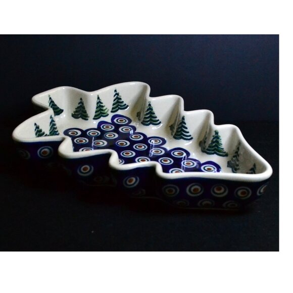 Authentic Boleslawiec Christmas Tree Design Dish Blue Peacock Eye Artisan Named - Picture 3 of 10